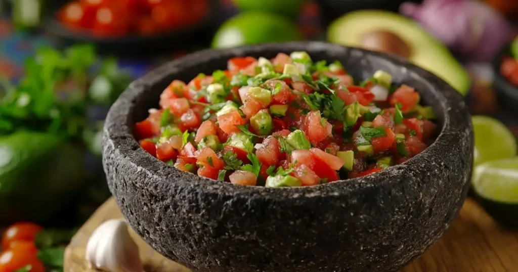 A traditional molcajete filled with vibrant, freshly made salsa featuring diced tomatoes, avocados, cilantro, and onions, surrounded by fresh ingredients like garlic, limes, and avocados on a rustic wooden table.