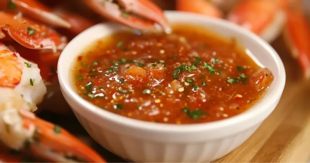 Close-up of a bowl of vibrant seafood dipping sauce garnished with fresh herbs, surrounded by cooked shrimp and crab claws.