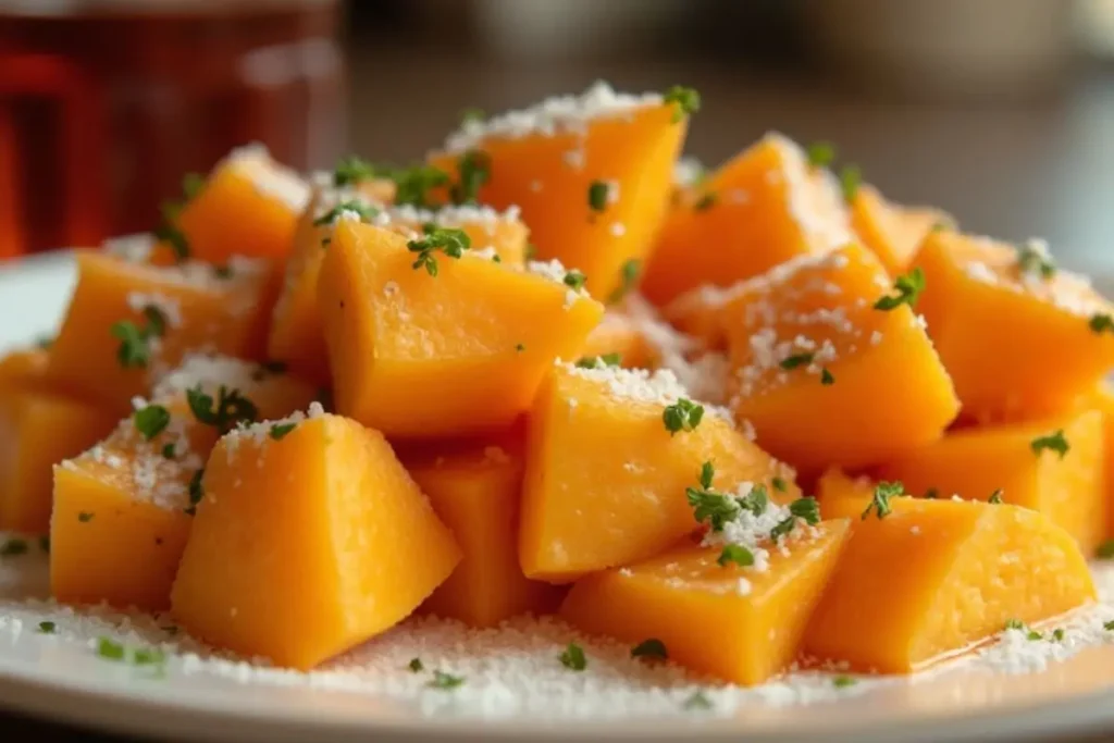 White sweet potato cubes garnished with fresh herbs and a sprinkle of grated cheese, served on a plate.