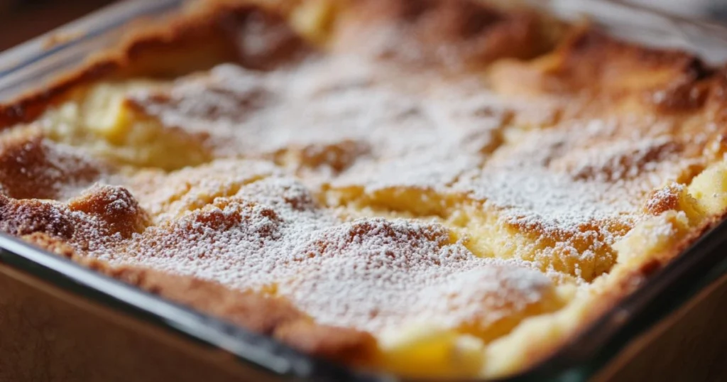 Close-up of a golden-brown dump cake dusted with powdered sugar in a glass baking dish.