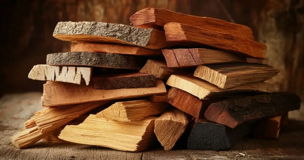 A stack of various wood chunks, including hickory, applewood, mesquite, and alder, placed on a rustic wooden surface, ideal for smoking different types of dishes.