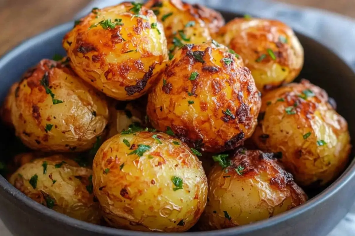 Golden roasted Yukon Gold potatoes garnished with fresh parsley in a black bowl. Title: Roasted Yukon Gold Potatoes with Parsley