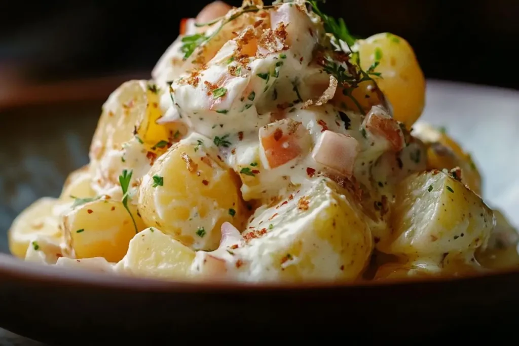 Close-up view of a crispy potato salad topped with creamy dressing, diced tomatoes, fresh herbs, and crispy garnishes.