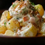 Close-up view of a crispy potato salad topped with creamy dressing, diced tomatoes, fresh herbs, and crispy garnishes.