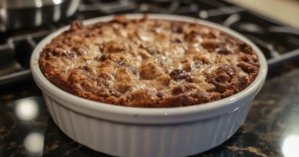 Close-up of a freshly baked dump cake in a white ceramic dish, showing its golden-brown crust with caramelized texture.