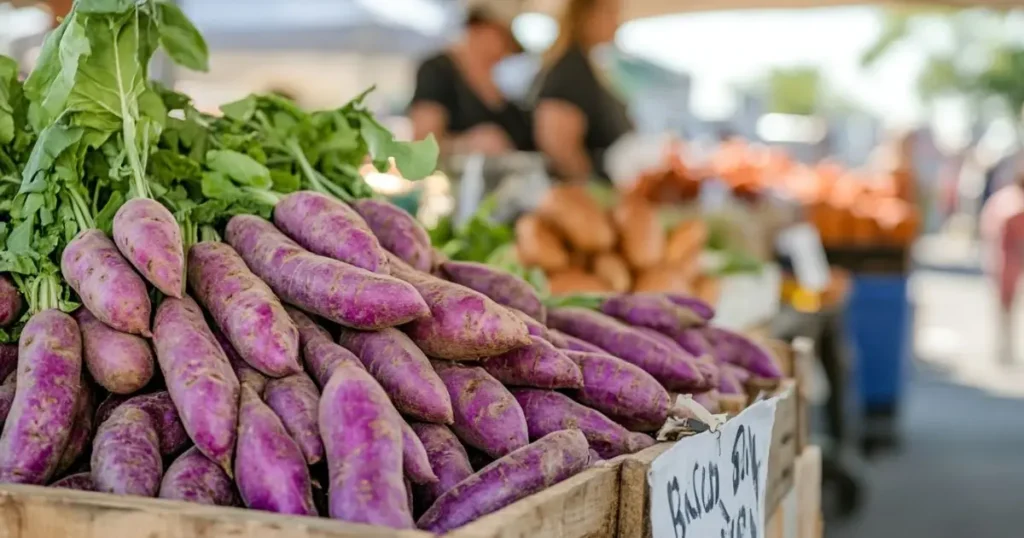 Fresh purple sweet potatoes at a market stall.