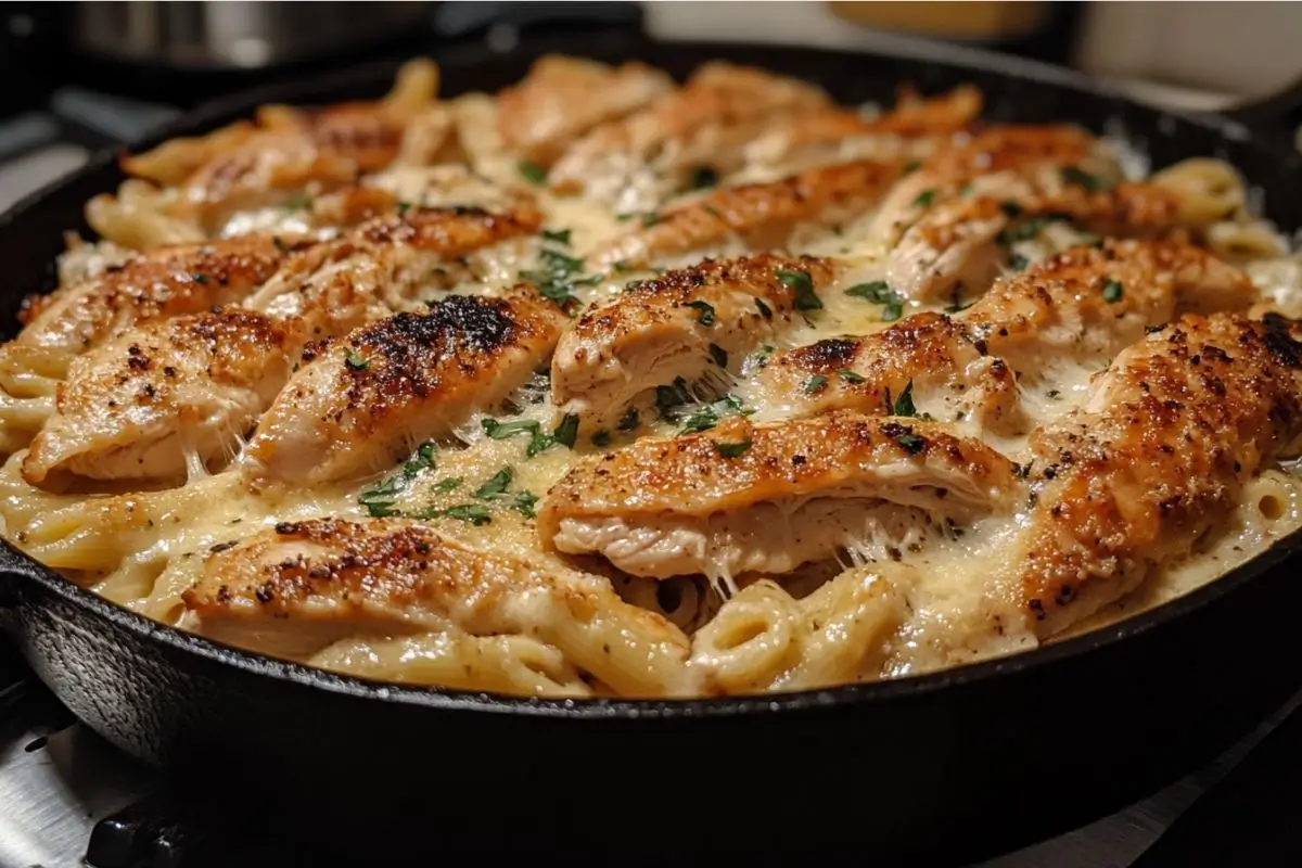 A skillet filled with creamy garlic Parmesan chicken pasta topped with golden, seared chicken breasts and garnished with fresh parsley.