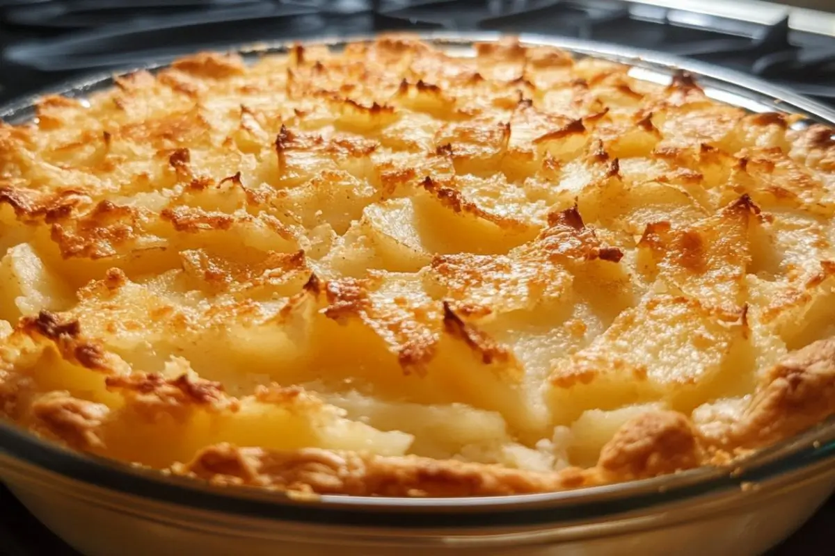 Golden-brown Passover potato pie with a crispy crust and fluffy mashed potato topping, baked to perfection in a glass pie dish.