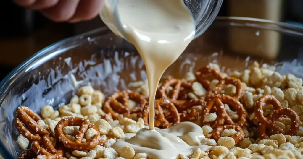 White chocolate being poured over a bowl of White Trash mix ingredients