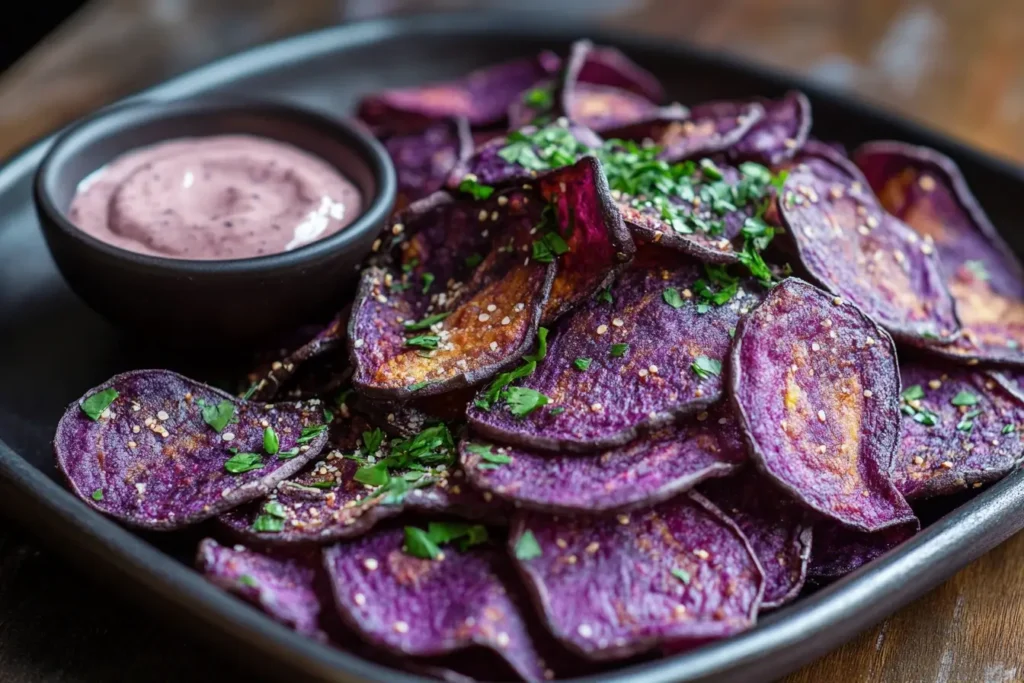 Purple sweet potato chips with a dipping sauce