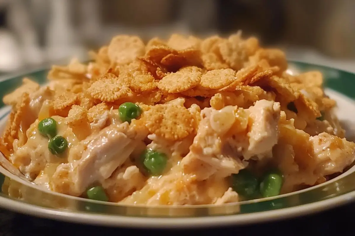 A close-up of a creamy Ritz cracker chicken casserole topped with crispy golden crackers and garnished with green peas on a decorative plate.