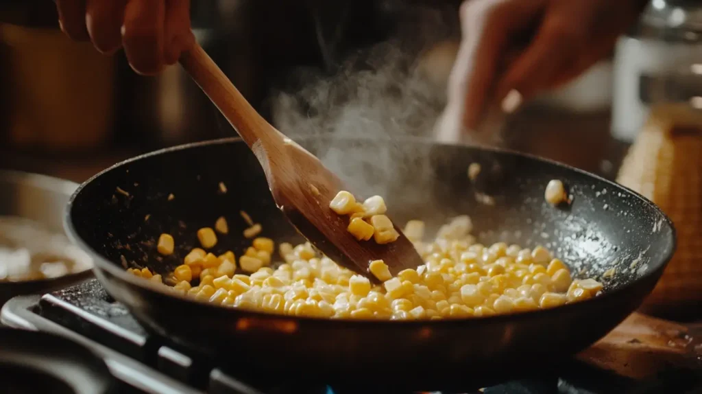 Sautéing corn in a pan.