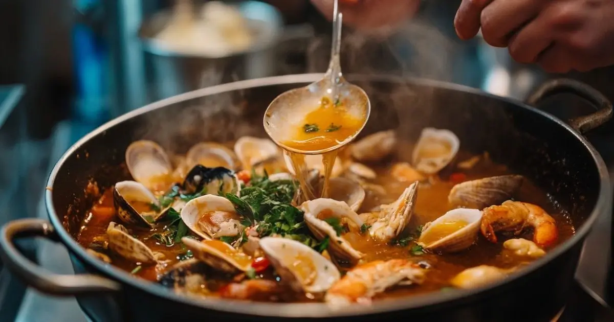 A rich and flavorful seafood boil sauce being ladled over clams, shrimp, and herbs in a steaming pot.