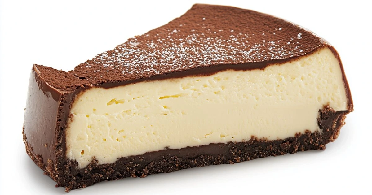 A rich and creamy slice of cheesecake with a chocolate crust and dusted with powdered sugar on top.