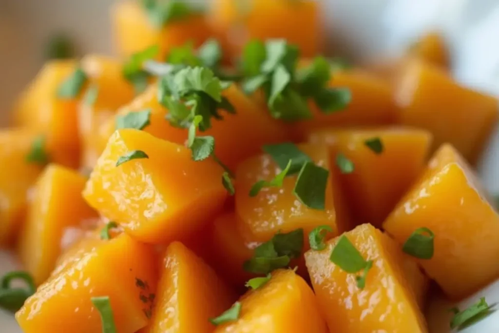 Close-up of cubed white sweet potatoes garnished with fresh chopped herbs.