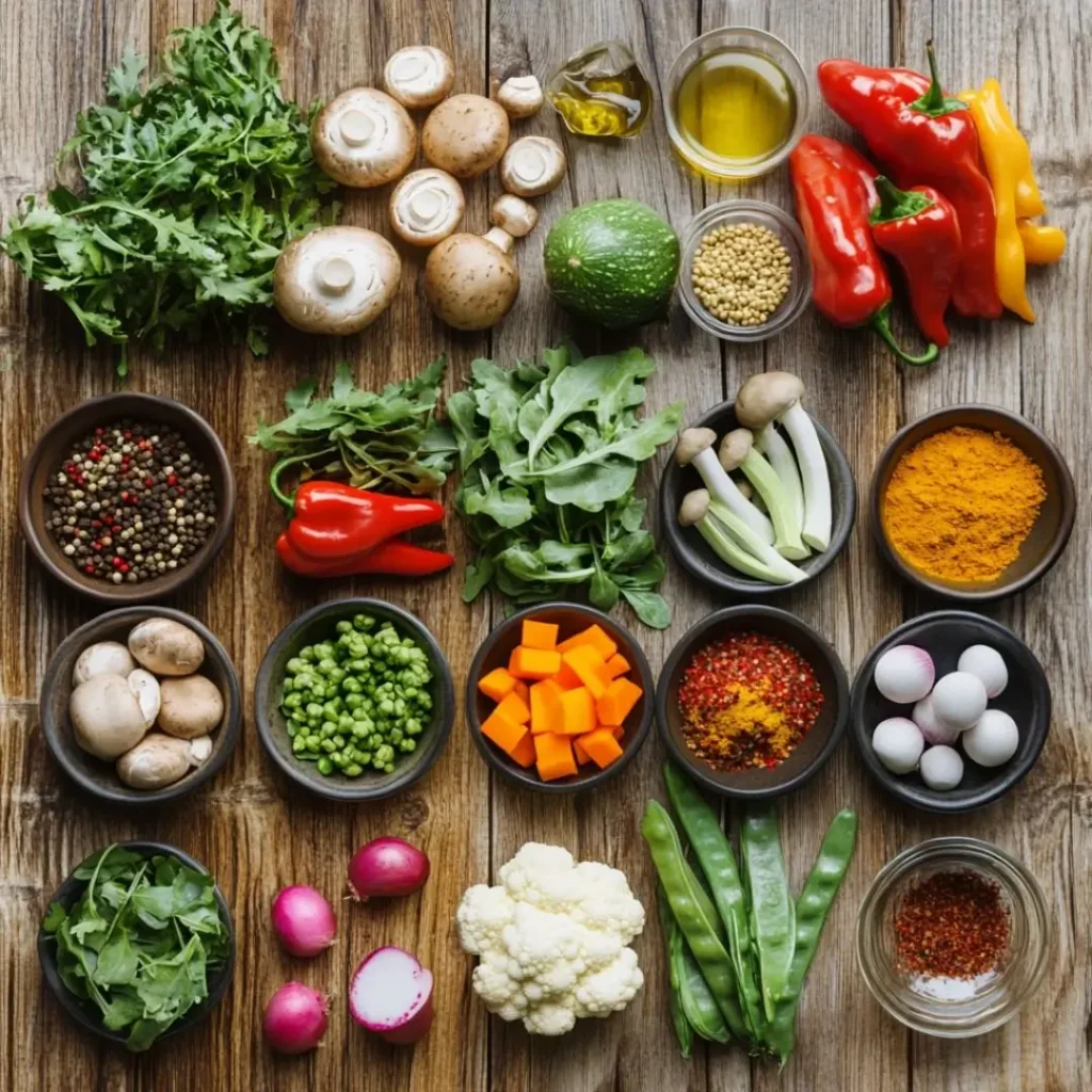 A variety of fresh vegetables and spices arranged on a wooden table for a spicy vegetable dish, showcasing vibrant colors and textures.