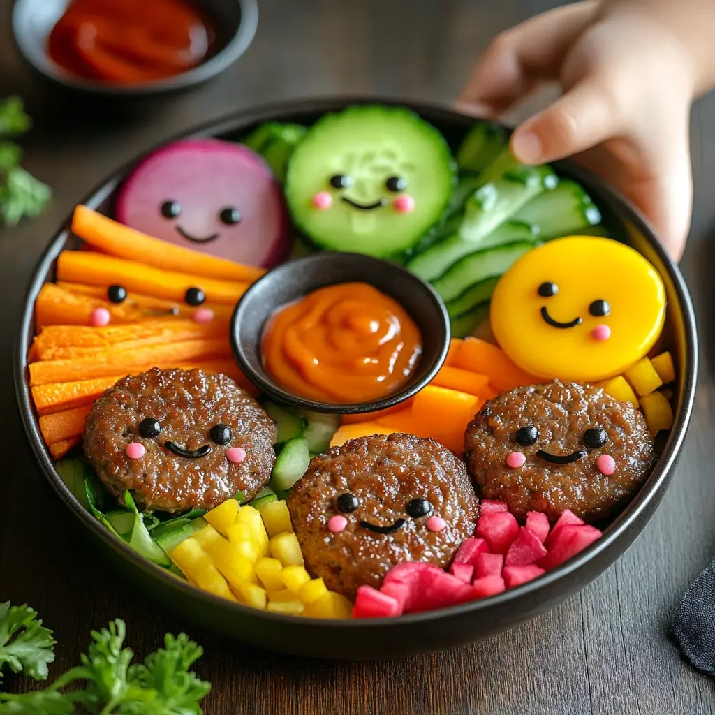 Kid-friendly burger bowl with fun-shaped ingredients