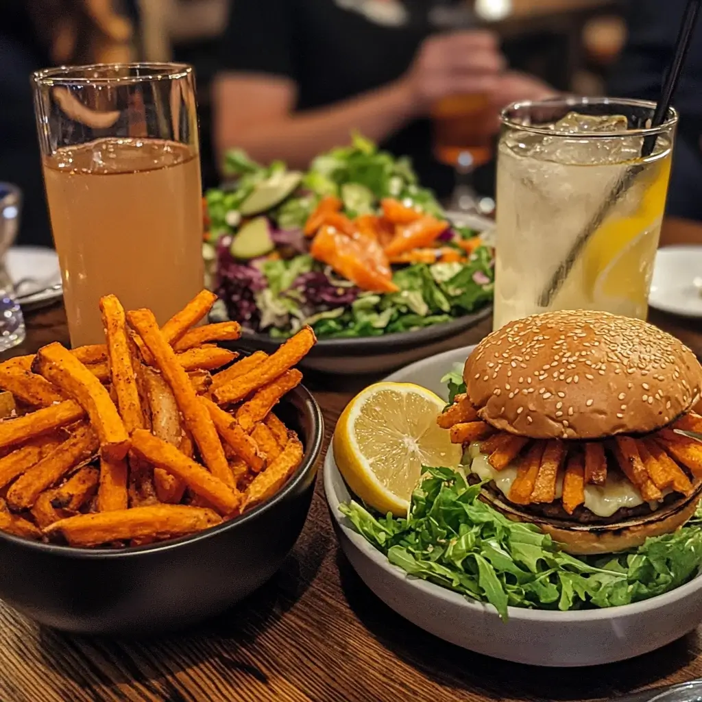 A complete burger bowl meal with healthy side dishes