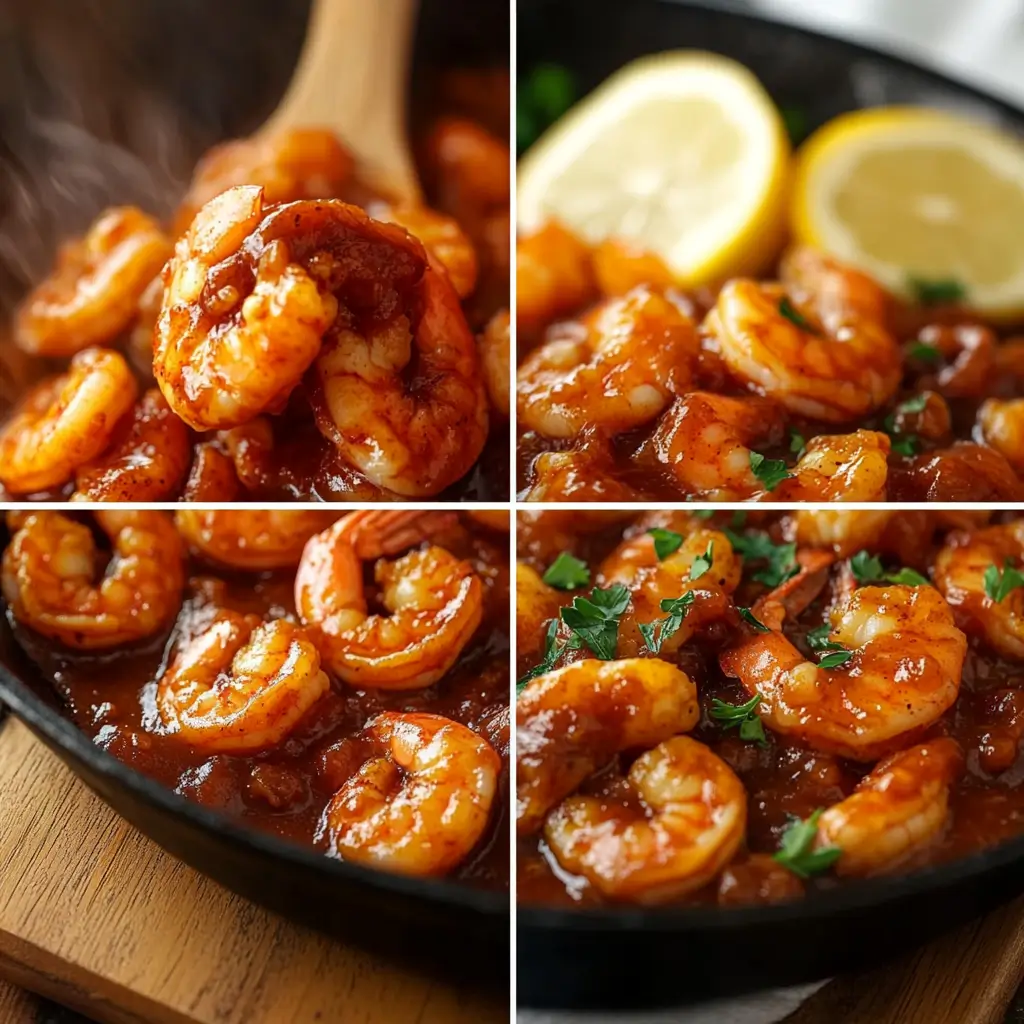 Close-up shots of New Orleans-style BBQ shrimp, sizzling in a pan with a glossy, spicy butter sauce.