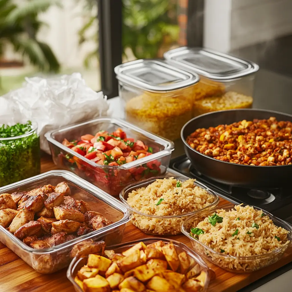 A delicious spread of traditional Puerto Rican food in glass containers.