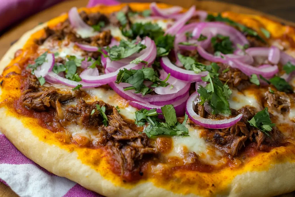 A delicious birria pizza topped with cheese, cilantro, and jalapeños.