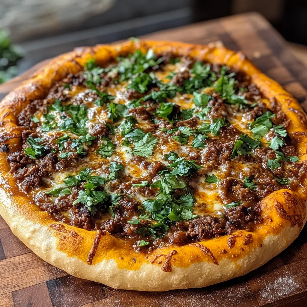 Homemade birria pizza with a crispy crust, rich birria meat, and fresh toppings.