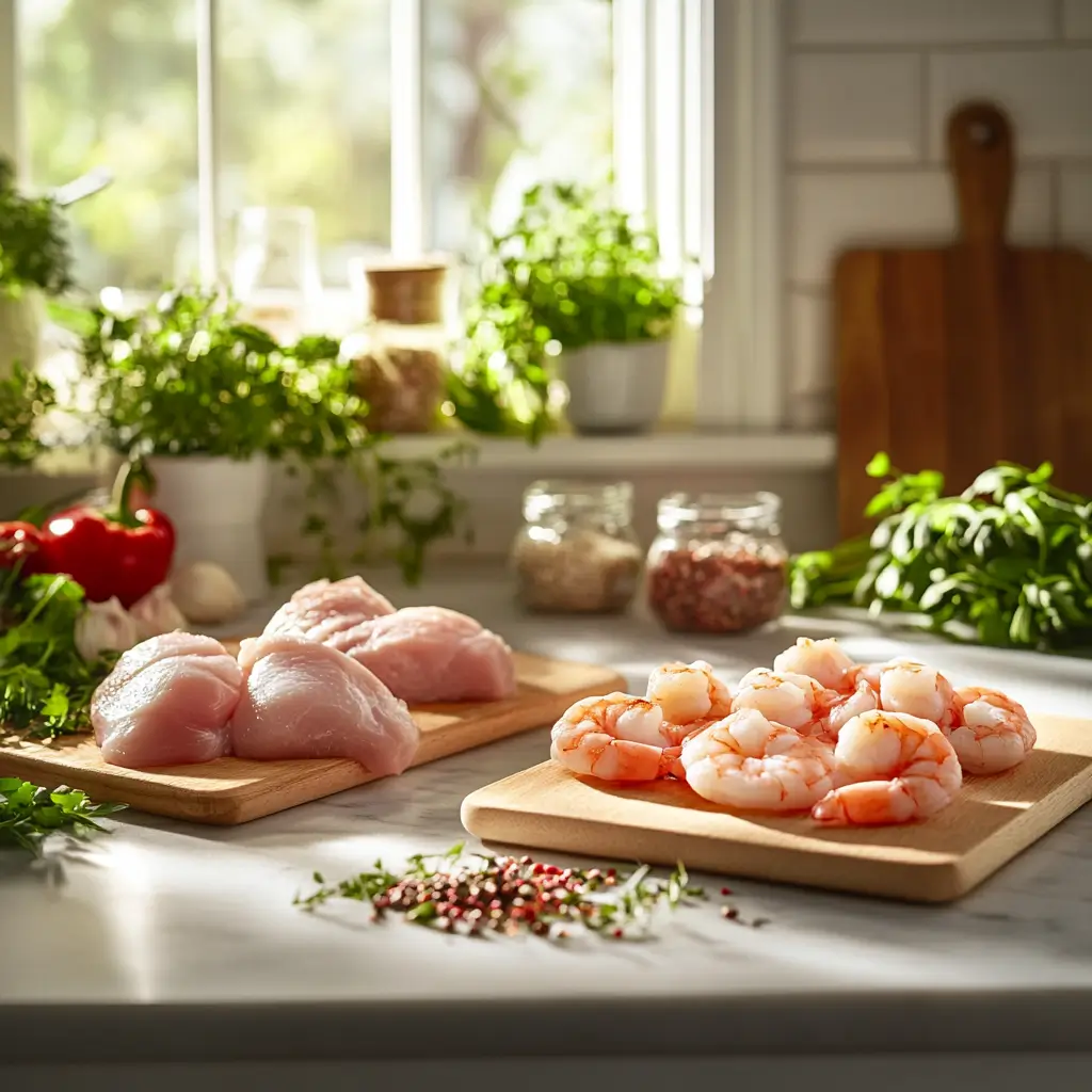 A close-up of shrimp and chicken on a plate, with a question on whether it's safe to eat them together."