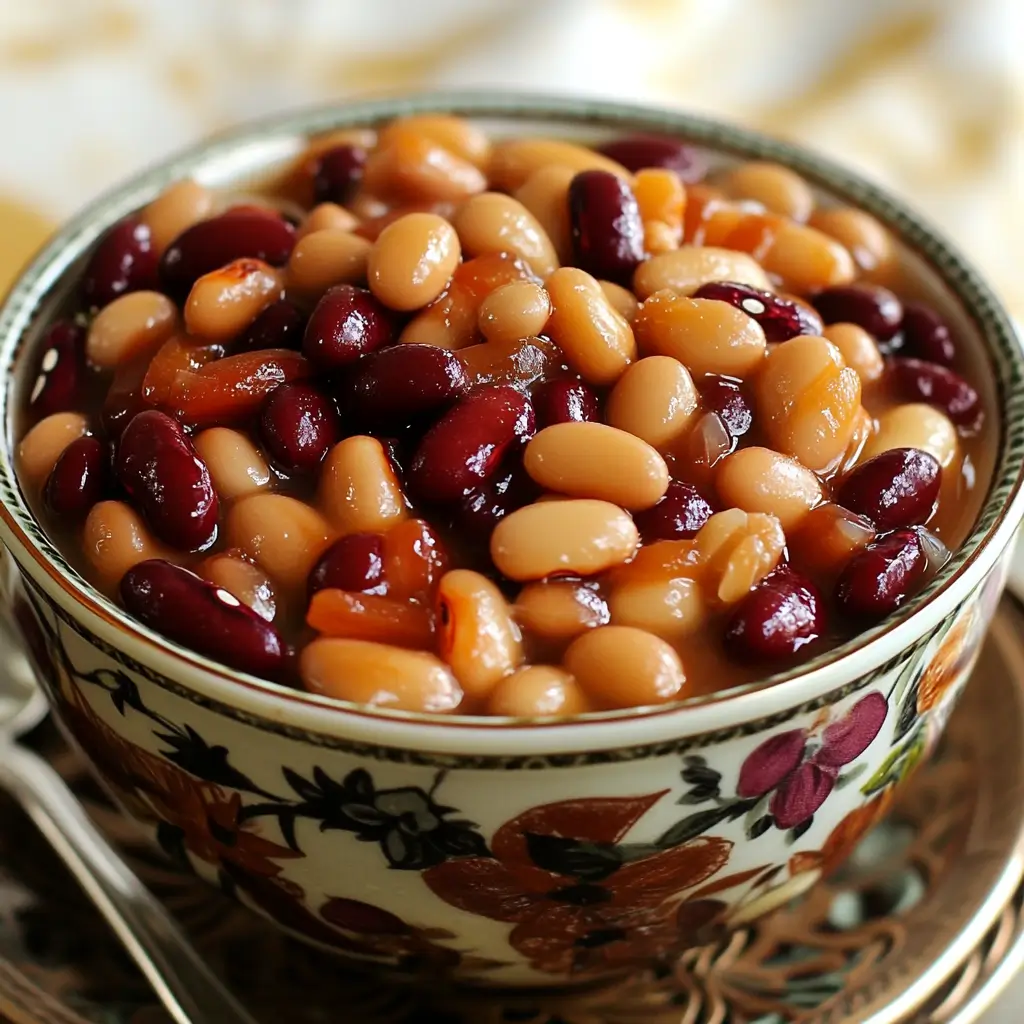 Close-up of a rustic dish filled with assorted calico beans in a rich glaze.