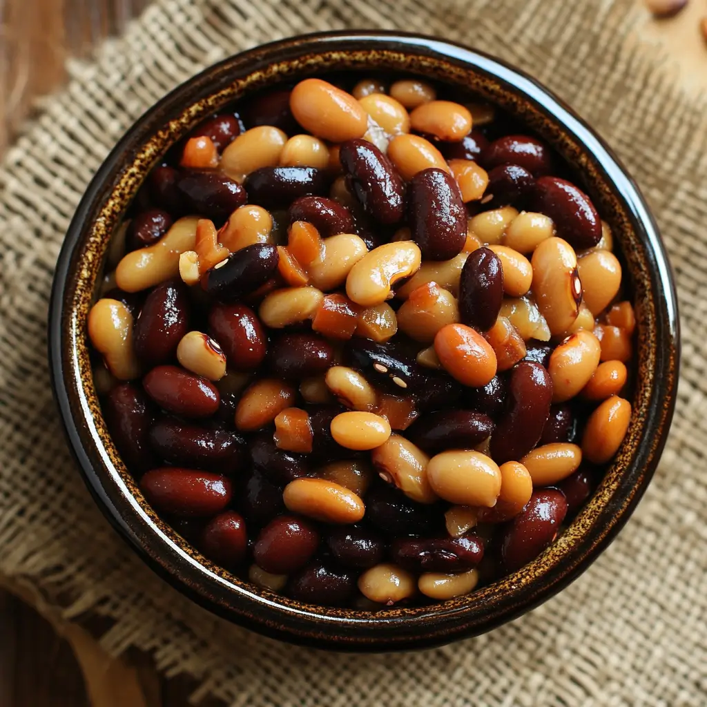 A bowl of colorful canned calico beans, featuring a mix of kidney, navy, and pinto beans.