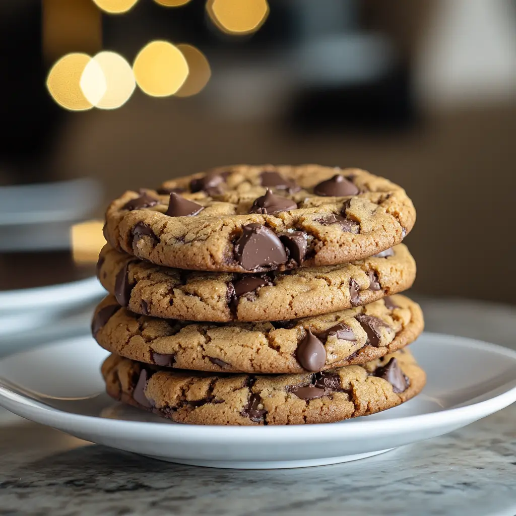 Freshly baked chocolate chunk cookies sprinkled with powdered sugar on a dark surface.