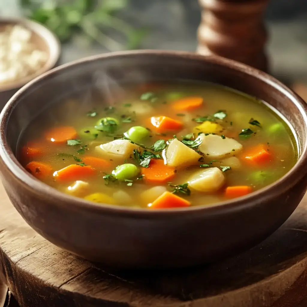 A hearty yet light vegetable soup served in a brown bowl, ideal for winter and wellness.