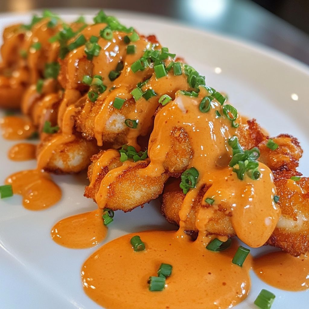 Crispy fried shrimp drizzled with creamy orange Bang Bang Sauce and garnished with chopped green onions, served on a white plate.