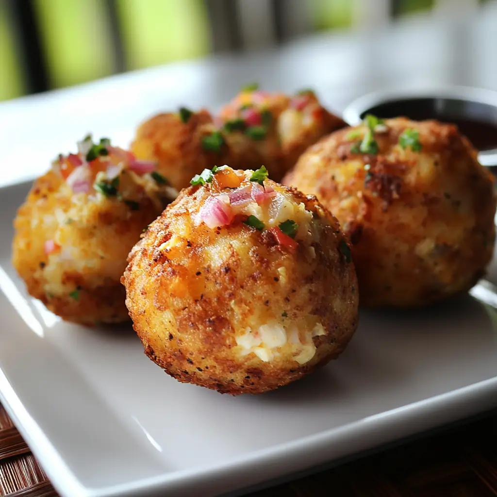 Fried yuca fritters topped with vibrant pico de gallo and fresh herbs, served on a white plate.