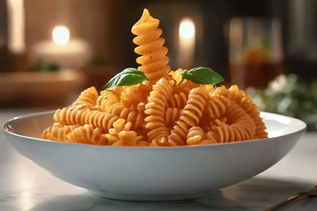 A close-up of a white bowl filled with corkscrew-shaped pasta coated in a rich, orange-colored sauce, garnished with fresh basil leaves, set against a cozy, candlelit background.