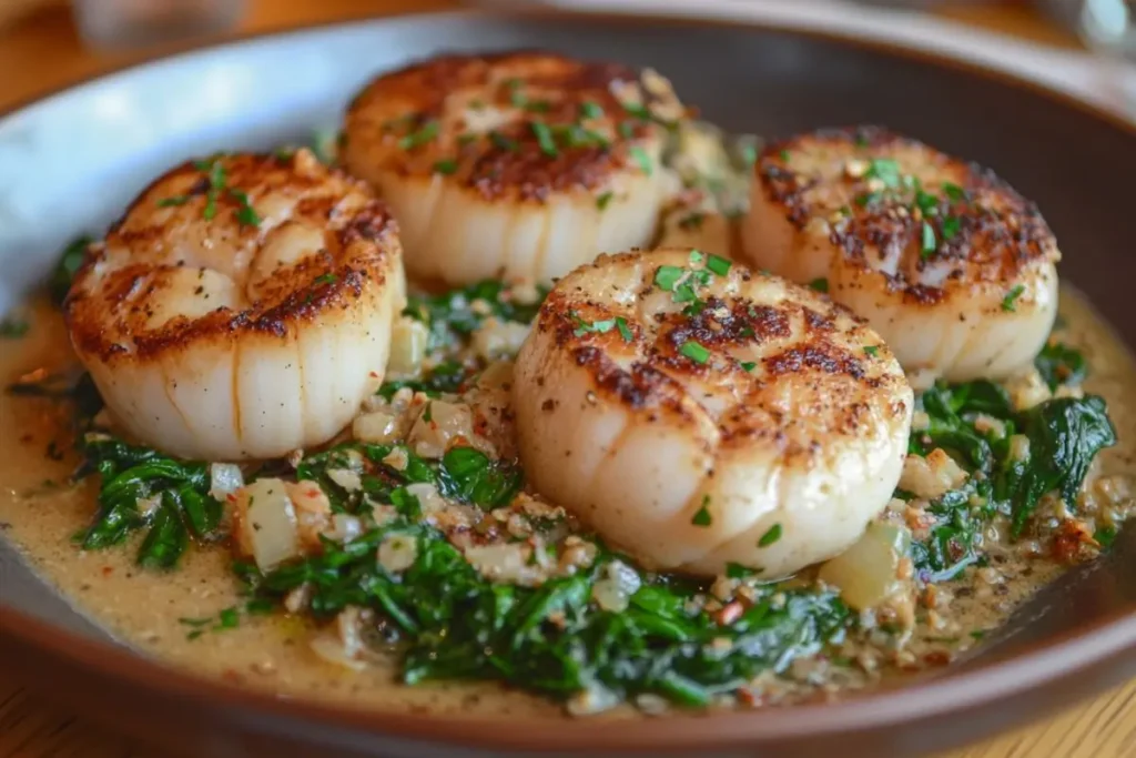 Seared scallops served over sautéed spinach with a garlic butter sauce, garnished with fresh herbs.