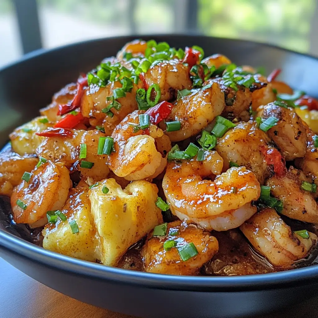 Delicious shrimp and chicken dish garnished with parsley, served with rice and roasted peppers.