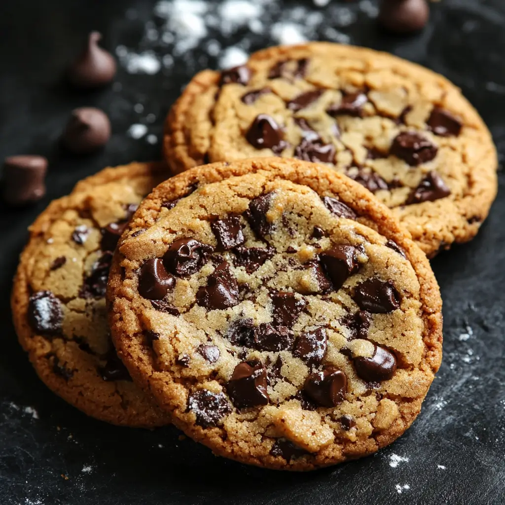 Close-up of three golden-brown chocolate chip cookies with rich, melted chocolate chunks.