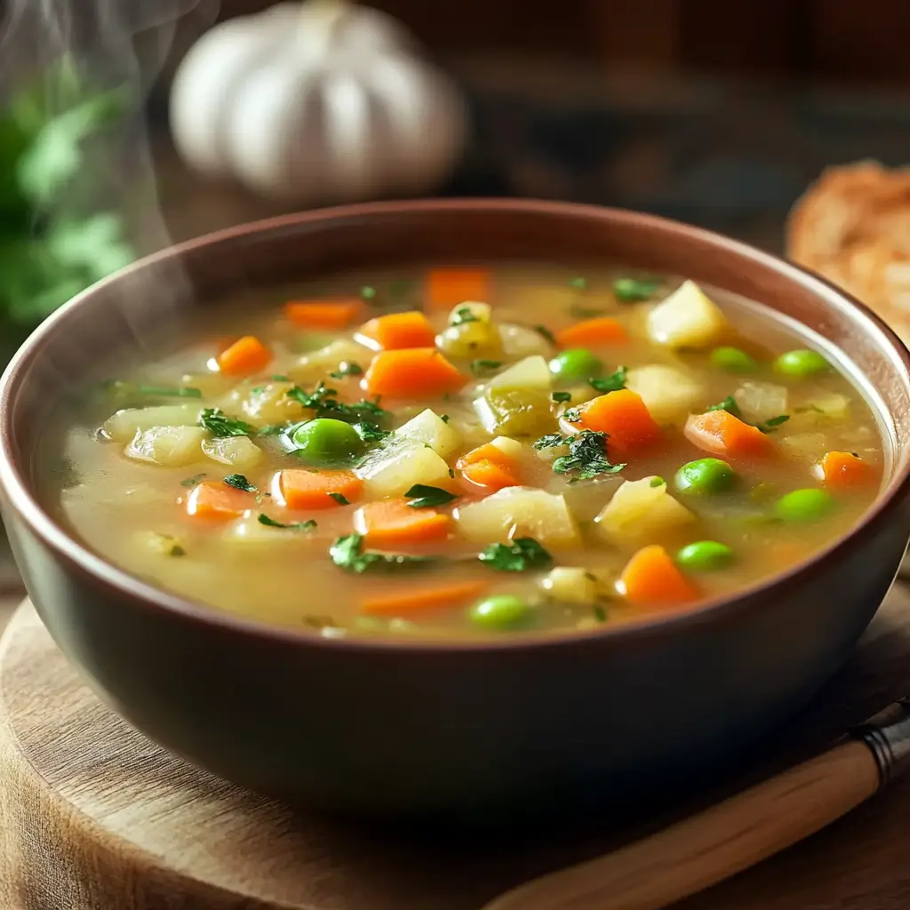 A steaming bowl of vegetable soup with carrots, peas, and potatoes, garnished with fresh herbs.