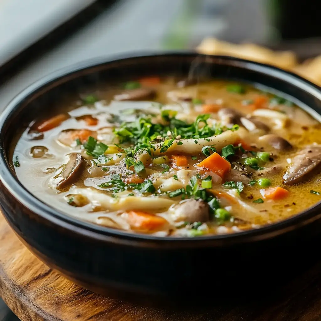 Hearty seafood and vegetable soup with shrimp, carrots, mushrooms, and peas, garnished with fresh parsley.