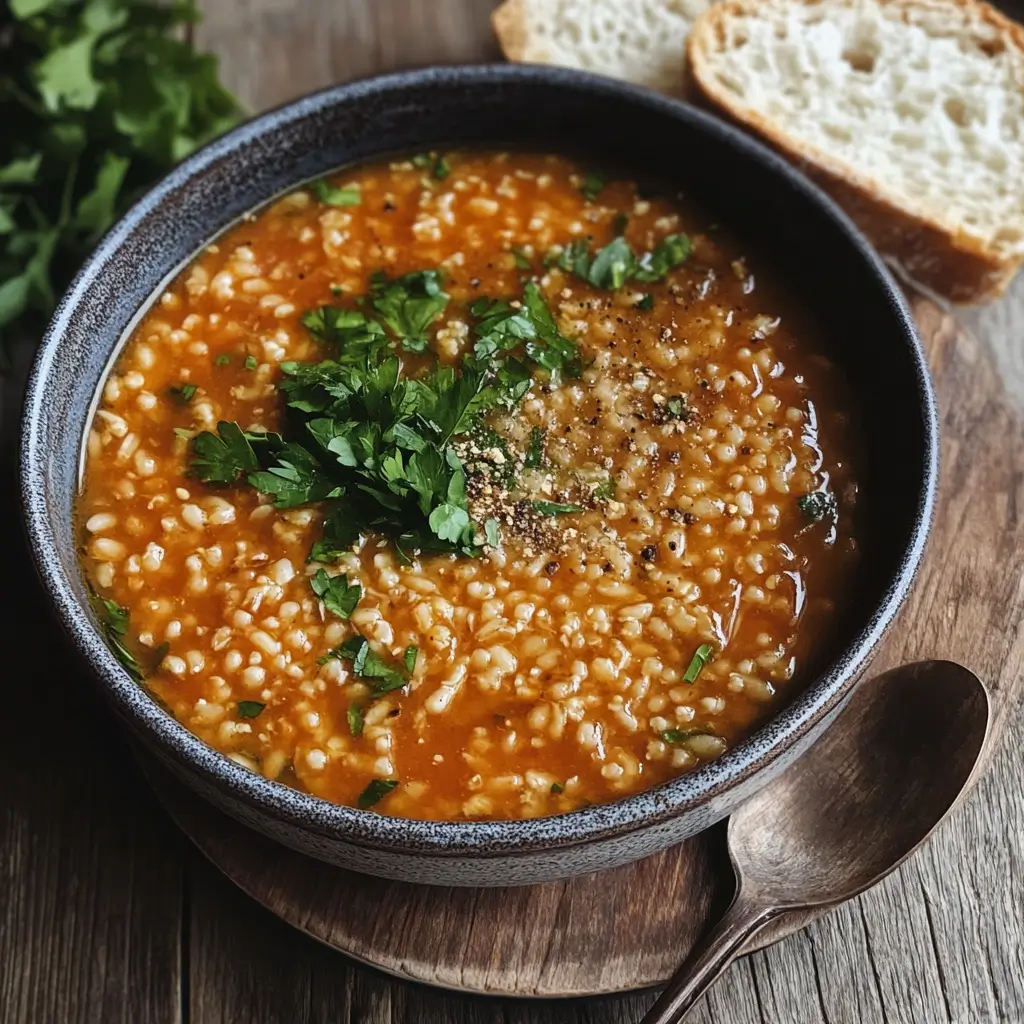 Hearty pastina soup with a rich tomato broth, tiny pasta, and a sprinkle of fresh herbs.