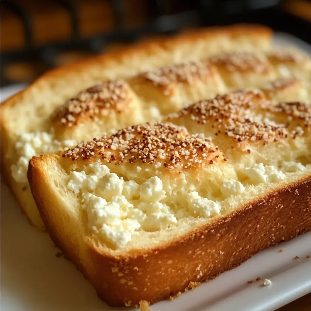 Sliced homemade cottage cheese bread on a wooden cutting board.