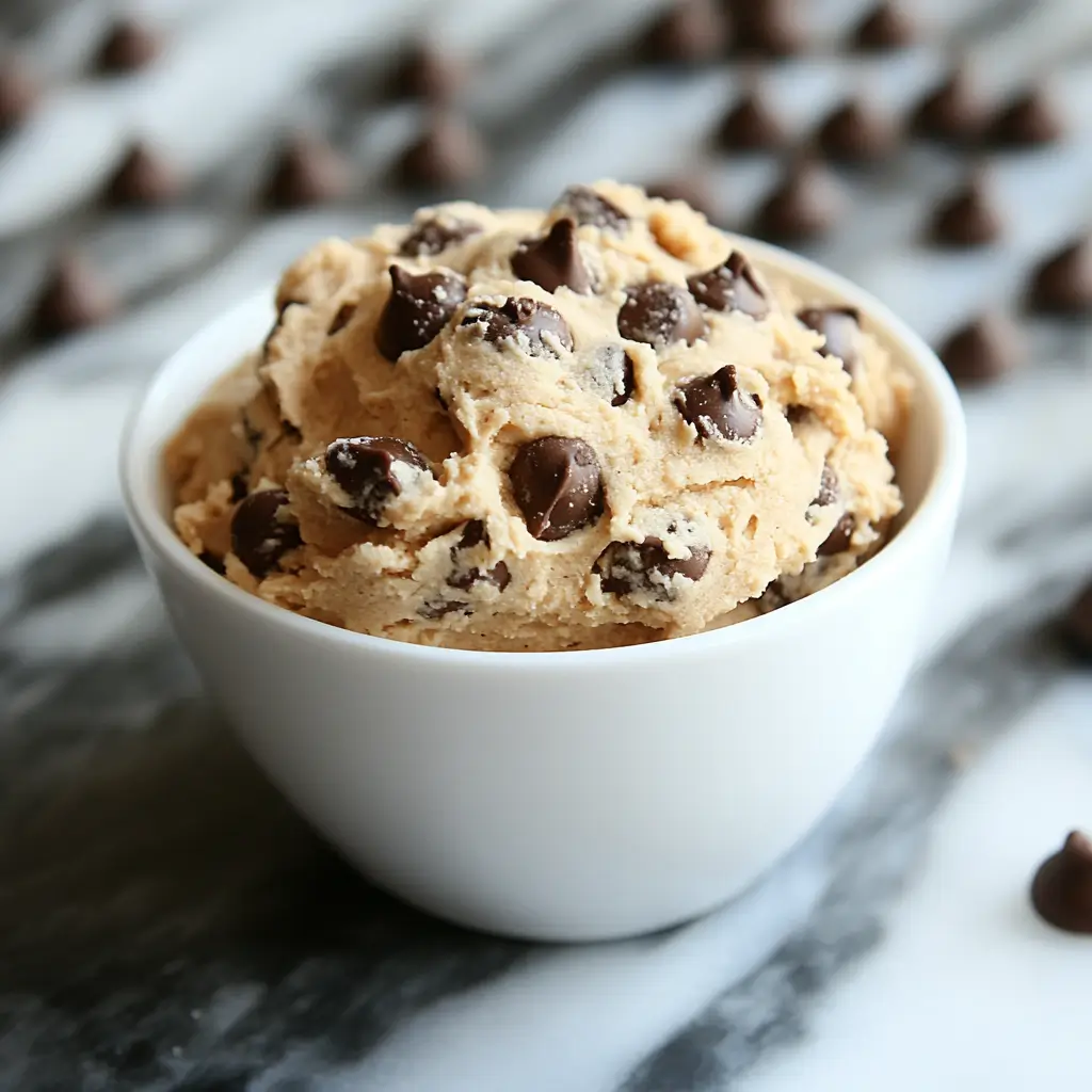 High-protein cottage cheese cookie dough in a glass bowl, ready to eat.