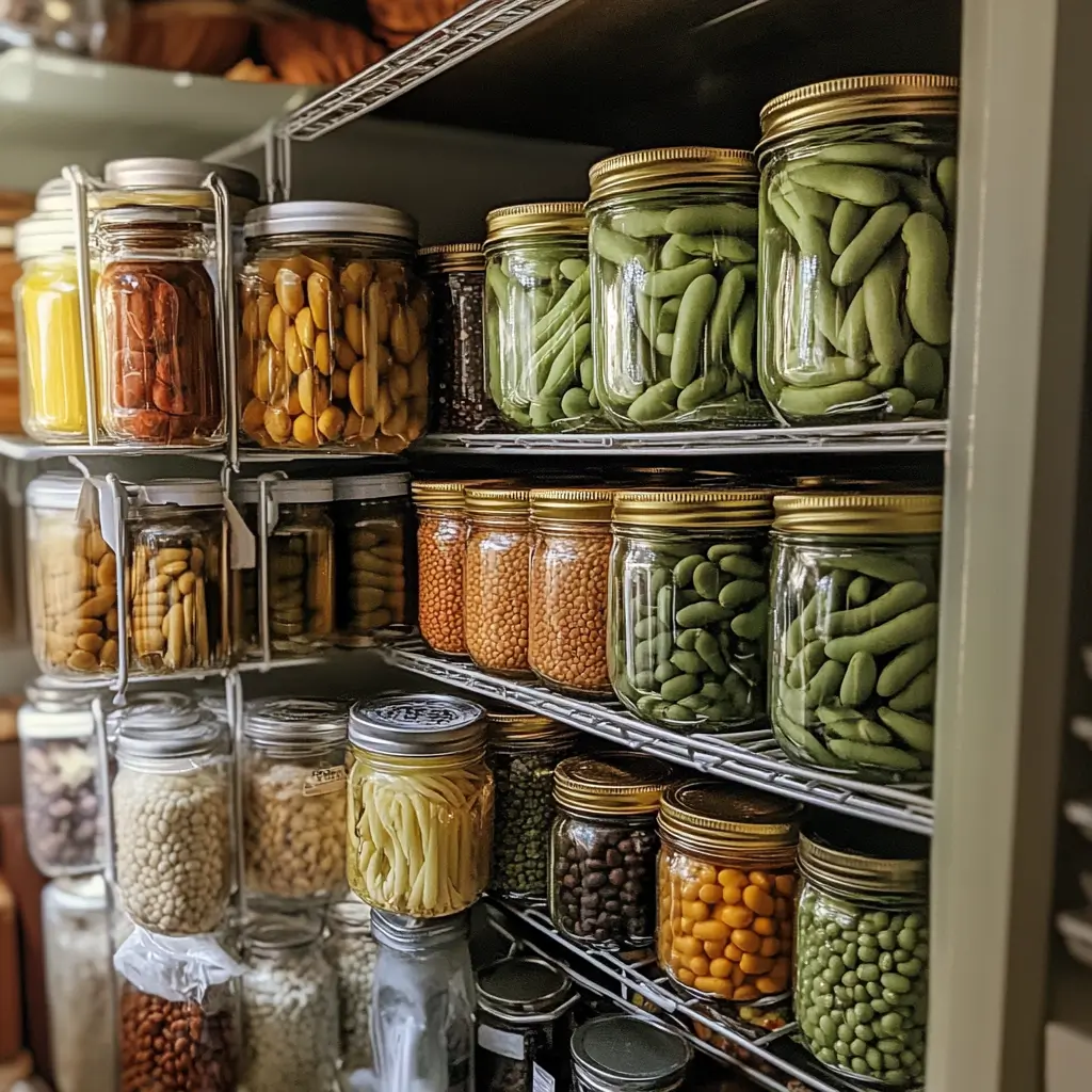 Jars of preserved beans neatly organized in a pantry.