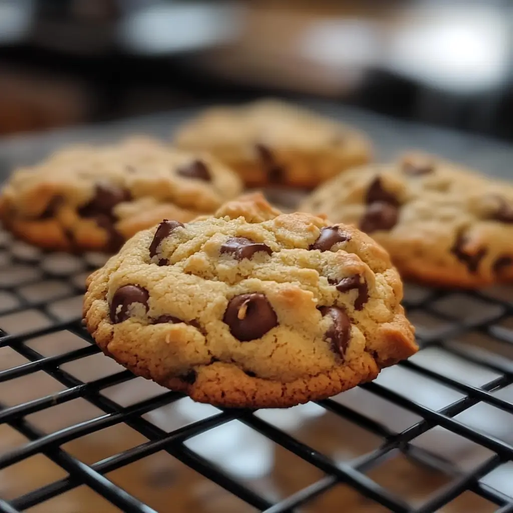 Freshly baked chocolate chip cookies cooling on a black wire rack.