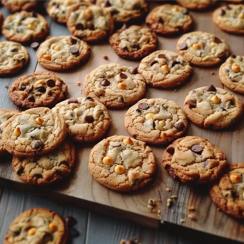 Stacks of golden brown cookies with various toppings arranged neatly in a bakery setting.