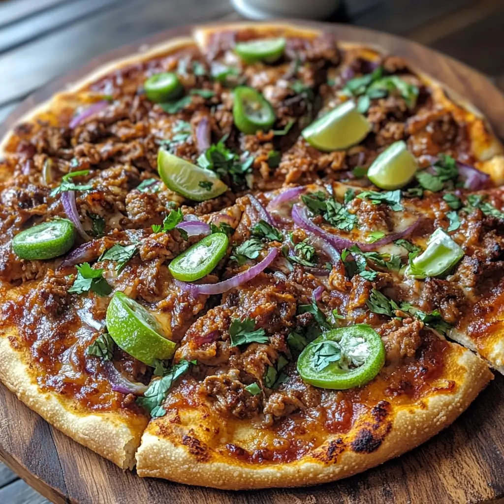 Close-up of birria pizza, showcasing the savory meat and melted cheese.