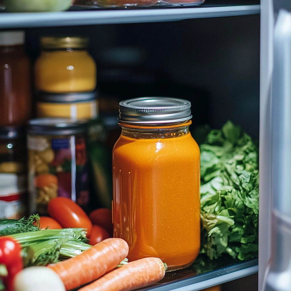 A glass jar filled with vibrant orange Bang Bang Sauce stored on a refrigerator shelf alongside fresh vegetables and other jars.