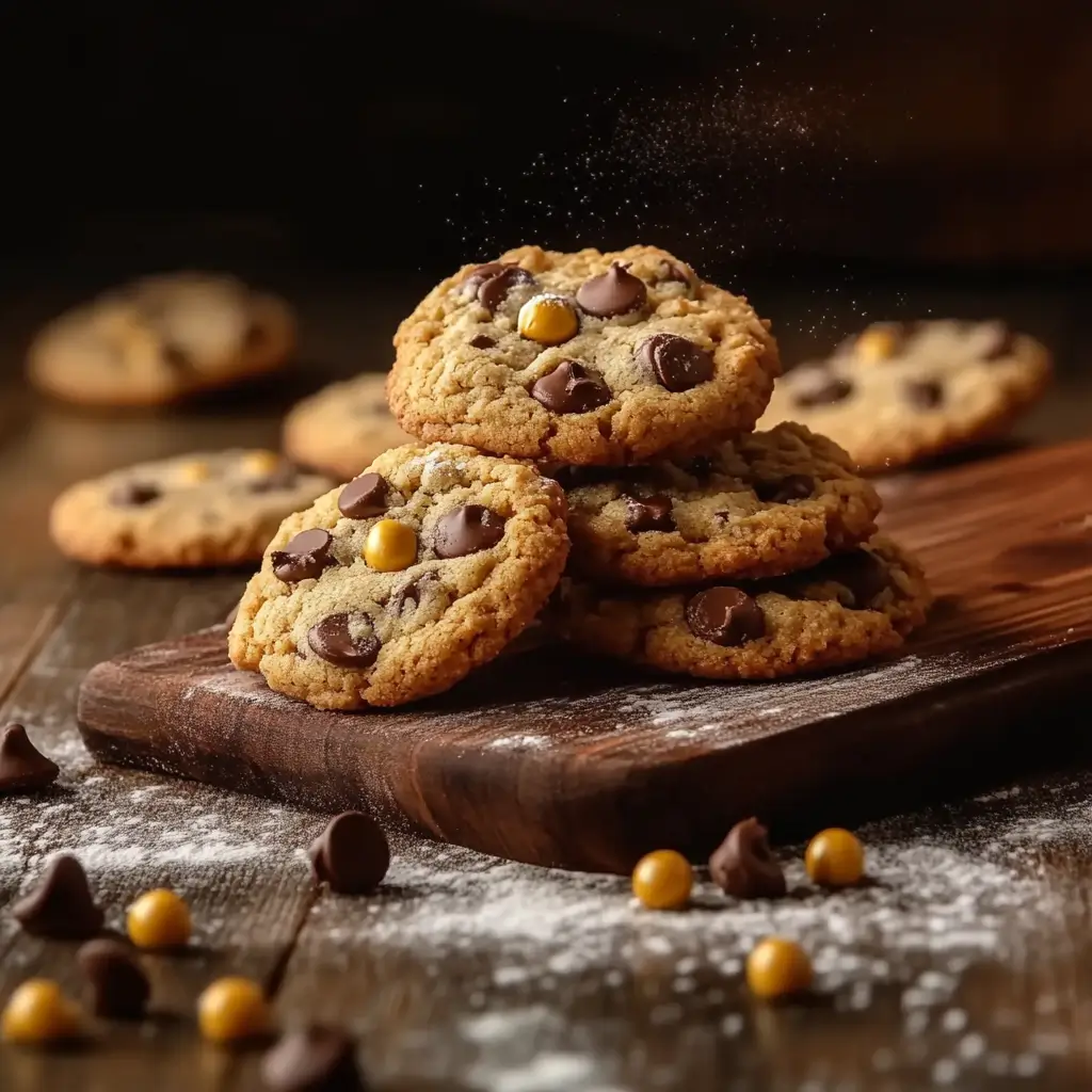 Delicious homemade cookies displayed on a wooden tray, featuring chocolate chips, nuts, and candy pieces.