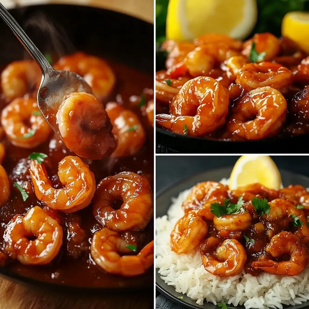 Juicy shrimp covered in a smoky barbecue sauce, garnished with fresh parsley, and served with lemon wedges.