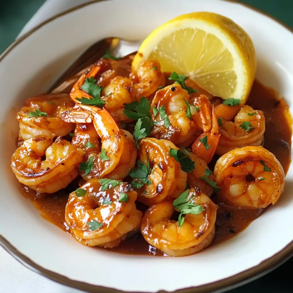 A bowl of New Orleans-style BBQ shrimp served over white rice, garnished with fresh parsley and a lemon wedge.